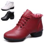 秋冬季加绒舞蹈鞋女式真皮现代广场舞鞋红舞鞋软底中跟跳舞鞋白色