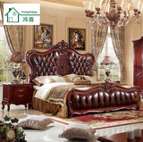 美式全实木雕花真皮床欧式2.0米大床奢华婚床橡木白/红色别墅家具