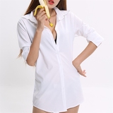 2016夏季中长款式纯白衬衫睡衣女性感衬衣短裙白色韩国宽松男友风