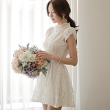 香港IT代购韩国SZ2016夏新款女装时尚白色修身显瘦蕾丝立领连衣裙