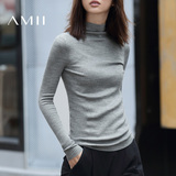 Amii[极简主义]2016秋装新款修身百搭套头高领条纹白色打底毛衣女