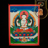 西藏红佛像密宗雪域高原西藏守护神四臂观音彩绘描金装饰画唐卡
