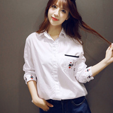 2016春季韩国韩版立领白色衬衣纯棉中长款学生卡通刺绣休闲衬衫女