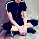 潮男夜店夏季男士运动服韩版修身短袖开衫立领卫衣套装休闲七分裤
