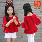女童短袖T恤2016春夏季纯棉红色喇叭中袖娃娃衫韩版儿童宝宝上衣