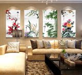 新款梅兰竹菊装饰画客厅书房现代中式无框画四联沙发背景墙挂壁画