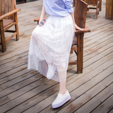 2016韩版女装夏季新款修身显瘦网纱半身裙纯色百褶中长裙蕾丝裙子