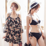日本性感泡温泉泳衣女三件套比基尼遮肚聚拢钢托显瘦罩衫海边度假