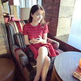 韩国代购2015秋装新款明星同款秋季红色针织蓬蓬连衣裙修身中裙子