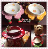 仿日本小花碗宠物狗碗猫碗高脚陶瓷碗草莓碗架泰迪小狗盆带餐桌