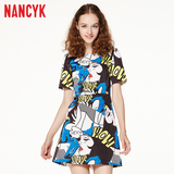 Nancyk2016春装新品收腰显瘦中长款欧美涂鸦印花短袖圆领连衣裙