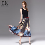 EK2016秋季女装新款无袖连衣裙中国风复古印花拼接针织背心连衣裙