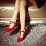 2015夏季新款欧美性感尖头平底低跟粗跟厚底单鞋职场女小红鞋婚鞋