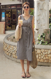 韩国代购2016夏款日系甜美少女款V领单排扣格子无袖连衣裙长裙