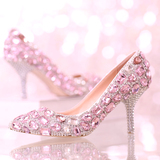粉色水晶鞋新娘鞋尖头细跟拍婚纱照礼服鞋女鞋欧美时尚婚鞋女单鞋