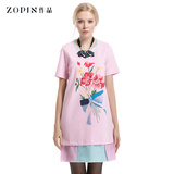 Zopin作品2015春装新品女装短袖印花图案A型修身真丝拼接连衣裙