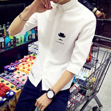 潮男发型师韩版修身七分袖白衬衫衬衣男装个性中袖个性小胡子印花