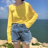 韩版新款纯色露肩圆领长袖T恤衫女学生宽松显瘦薄款防晒衣夏装潮