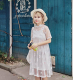 韩版女装夏季小清新透视短袖蕾丝连衣裙+中长款吊带两件套潮学生