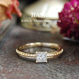 日本代购复古单钻天然公主方形钻石女戒指结婚18K白金黄金玫瑰金