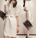 韩国正品代购女2016春秋新款女装卓雅衬衫裙中长款泡泡袖连衣裙