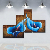简约现代手绘油画客厅装饰画壁画无框画四拼画蓝色百合花M898