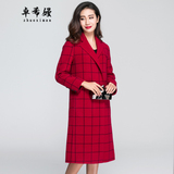 2015冬新款韩版修身格子长款女装双面羊绒大衣羊毛外套女韩范显瘦