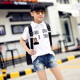 女童短袖衬衫 夏装2016新款韩版中大童卡通贴标字母印花上衣白色