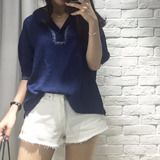 韩国ulzzang2016夏装新款sze刺绣民族风西装领短袖棉麻衬衫女上衣