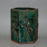 古玩古瓷器收藏 景德镇厂货70-80年代陶瓷 文房用品 绿釉笔筒摆件