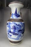清中期哥釉青花山水人物纹盘口狮耳大瓶 古董古玩古瓷器收藏品