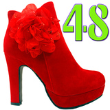 冬季新娘鞋结婚短筒靴红色高跟防水台花朵粗跟女士红色靴子婚礼鞋
