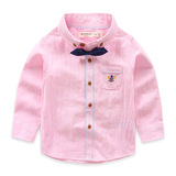 男童粉色衬衫长袖领结春秋装2-34567岁儿童宝宝男孩蓝色秋季衬衣