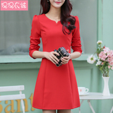2016韩版春装新款红色长袖打底连衣裙圆领修身大码显瘦中长款女裙