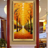 欧式手绘黄金大道风景油画玄关装饰画单幅走廊过道竖版发财树挂画