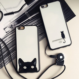 简约白色iphone6S plus手机壳 可爱黑小猫咪苹果5S全包边软壳挂绳