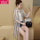 Yi－xn2016新款大码薄款雪纺衬衫女外套韩版修身防晒衣条纹衬衣潮