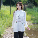 2015中国风文艺复古女装 秋季长袖棉麻印花 小立领衬衣中长款衬衫