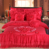 真爱永恒 砖红色床单式结婚床品 心形婚被新年床上四件套