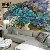 欧式油画影视墙纸 复古咖啡厅客厅电视背景墙壁纸 手绘树叶壁画