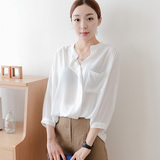 夏季韩国代购七分袖雪纺衫女宽松大码立领雪纺衬衫纯色套头白衬衣