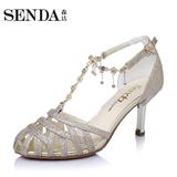 Senda/森达夏季商场同款优雅舒适亮片布细跟丁字扣女凉鞋E3D04BL5
