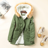 2015冬装新款纯色系带收腰羊糕绒加厚中长款棉衣女大毛领棉服外套