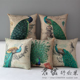 中国风传统花鸟孔雀开屏沙发靠垫棉麻抱枕汽车靠枕套绿色华丽古典