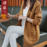 2016春秋装新款韩版长袖中长款毛衣外套厚宽松大码针织衫开衫女