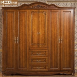 美式实木六门衣柜6门欧式木质大衣橱深色复古做旧卧室家具2.4米