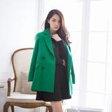 韩国SZ正品代购2015年冬装绿驼色宽松中长款韩版羊毛绒外套大衣女