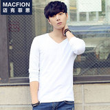 男士长袖t恤 男v领2015春装青年韩版修身纯色打底衫白T恤