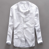 新款薄款亚麻衬衫男长袖纯色修身棉麻料衬衣寸修身纯白色外贸原单