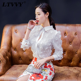 LTVVY夏新款女装立体花雪纺衫2016韩版修身性感镂空长袖衬衫上衣